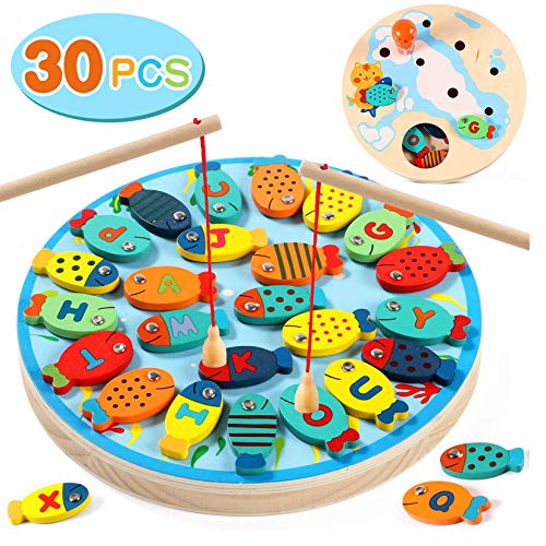 Lewo 2 In 1 Fishing Game 30 PCS Wooden Magnetic Alphabet Letter
