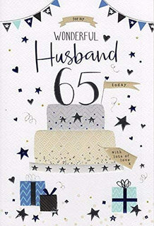ICG Husband 65th Birthday Card - Silver Cake, Bunting, Presents & Stars 9" x 6"