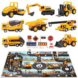 aovowog Construction Vehicles Toys Set for 3 4 5 6 7 Years Old Toddlers Boys , 8 Mini Alloy Engineering Trucks Toys,22.7x32.7Inch Play Mat,Christmas Birthday Gift for Boys, Girls, Kids and Toddlers