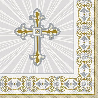 Unique Industries 43862 Gold & Silver Radiant Cross Religious Party Napkins, 16ct, Paper, Gold/Silver