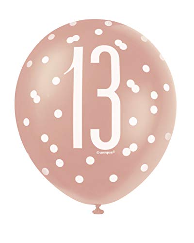 Unique Party 84913 84913-12" Latex Glitz Rose Gold 13th Birthday Balloons, Pack of 6, Age 13