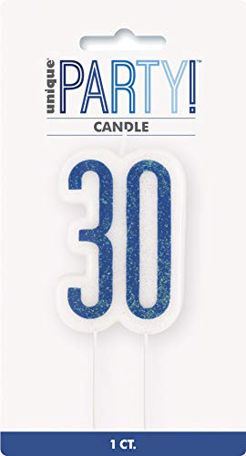Unique Party 83880 83880-Glitz Blue & Silver 30th Birthday Candle, Blue, Age 30