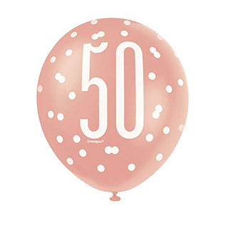 Unique Party 84919 84919-12" Latex Glitz Rose Gold 50th Birthday Balloons, Pack of 6, Age 50