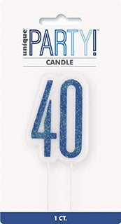 Unique Party 83881 83881-Glitz Blue & Silver 40th Birthday Candle, Blue, Age 40