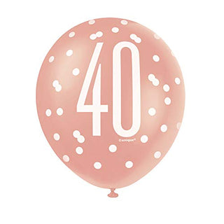 Unique Party 84918 84918-12" Latex Glitz Rose Gold 40th Birthday Balloons, Pack of 6, Age 40