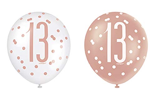 Unique Party 84913 84913-12" Latex Glitz Rose Gold 13th Birthday Balloons, Pack of 6, Age 13