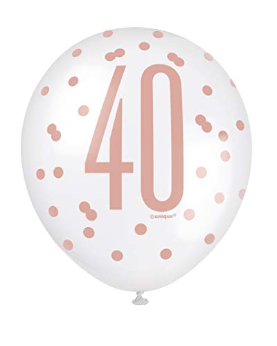 Unique Party 84918 84918-12" Latex Glitz Rose Gold 40th Birthday Balloons, Pack of 6, Age 40