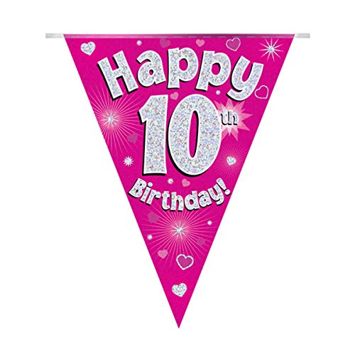 Happy 10th Birthday Pink Holographic Foil Party Bunting 3.9m Long 11 Flags