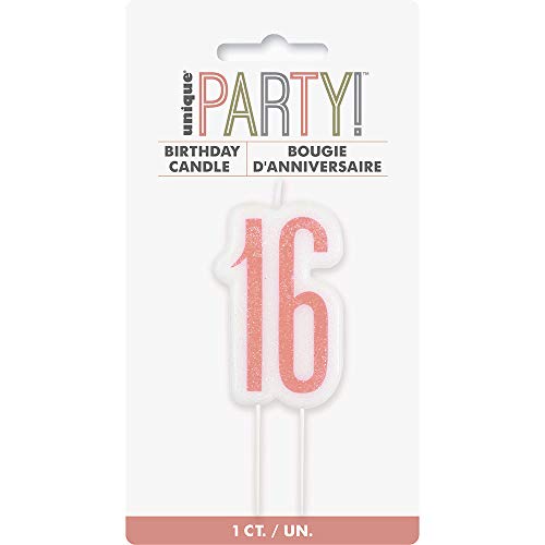 Unique Party 84981 84981-Glitz Rose Gold 16th Birthday Candle, Age 16