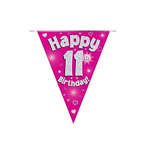 Happy 11th Birthday Pink Holographic Foil Party Bunting 3.9m Long 11 Flags