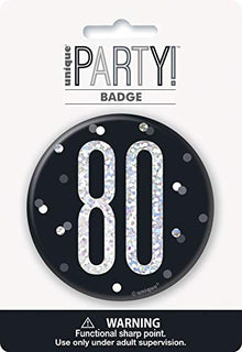 Unique Party 83513 83513-3" Glitz Black & Silver 80th Birthday Badge, Black, Age 80