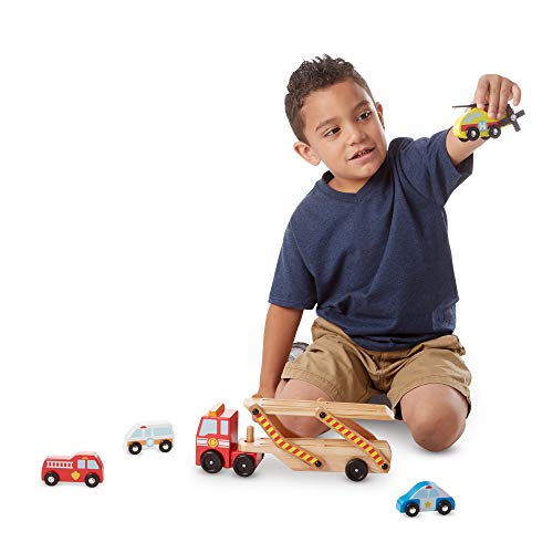 Melissa & Doug Emergency Vehicle Carrier | Wooden Vehicles & Trains | Trucks & Vehicles | 3+ | Gift for Boy or Girl