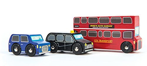 Le Toy Van Wooden Little London Themed Vehicle Set Iconic Red Bus, Black Cab and Union Jack Classic Car Toys