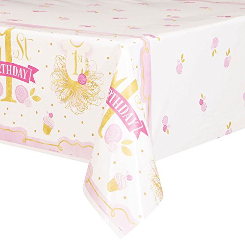 Unique Party 58153 Pink and Gold Girls 1st Birthday Plastic Tablecloth, 84" x 54", Pink & Gold