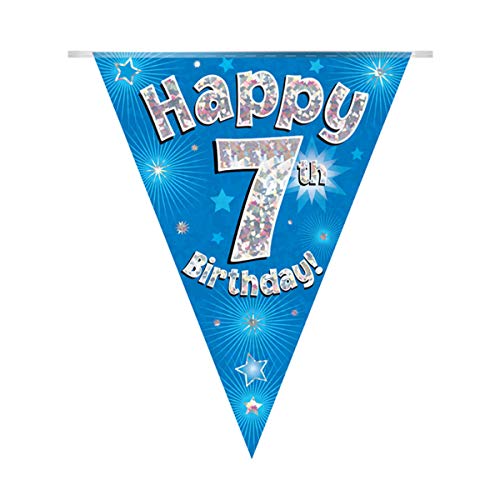 OakTree Happy 7th Birthday Blue Holographic Foil Party Bunting 3.9m Long 11 Flags
