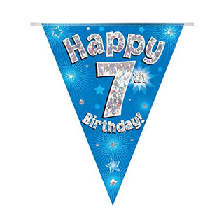 OakTree Happy 7th Birthday Blue Holographic Foil Party Bunting 3.9m Long 11 Flags