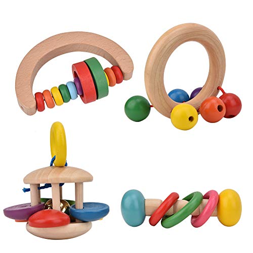 4pcs Baby Rattle Clutching Toy, Infant Safe Wooden Grasp Toy Infant Early Educational Musical Instrument Puzzle Toys for Toddlers Boys and Girls 1 Year Olds +