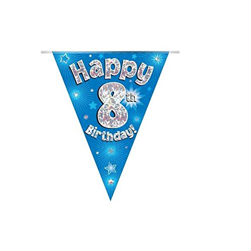 Happy 8th Birthday Blue Holographic Foil Party Bunting 3.9m Long 11 Flags