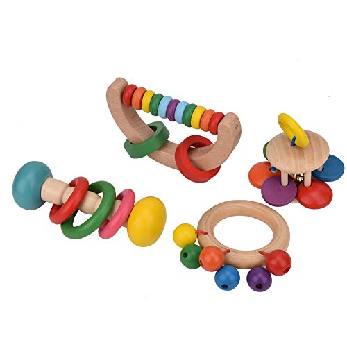 4pcs Baby Rattle Clutching Toy, Infant Safe Wooden Grasp Toy Infant Early Educational Musical Instrument Puzzle Toys for Toddlers Boys and Girls 1 Year Olds +