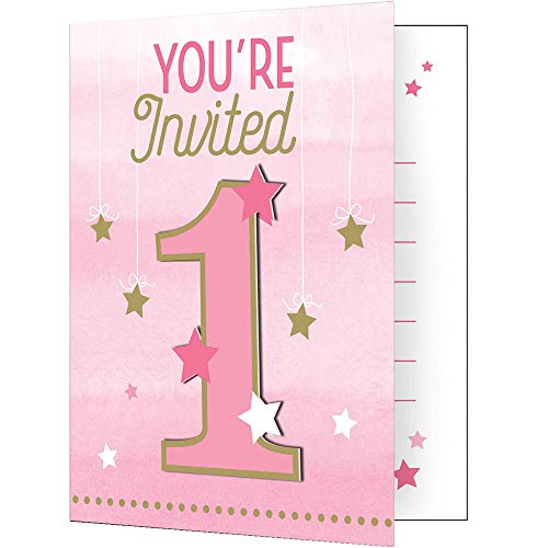 Creative Party PC322268 Pink Twinkle Little Star 1st Birthday Foldover Invitation Cards Set-8 Pcs