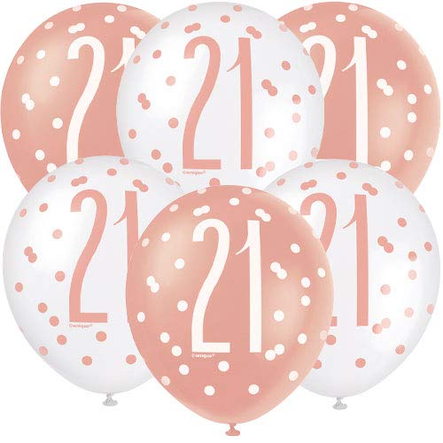 Unique Party 84916 84916-12" Latex Glitz Rose Gold 21st Birthday Balloons, Pack of 6, Age 21