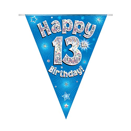 OakTree Happy 13th Birthday Blue Holographic Foil Party Bunting 3.9m Long 11 Flags