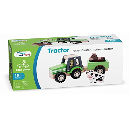 New Classic Toys 11941 Wooden Tractor with Trailer and Animals for Children 18 Months and Up Boys and Girls Baby Gifts, Green