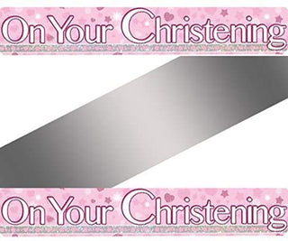 Pink On Your Christening Holographic Foil Banner