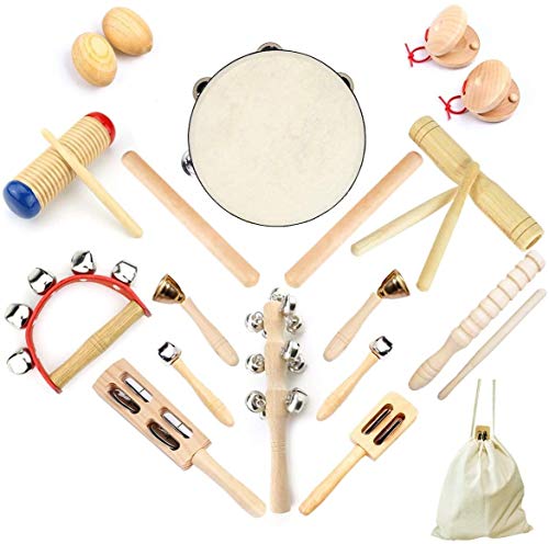 Ulifeme Musical Instruments, Wooden Percussion Instruments for baby, Kids and Toddler, Children's 23pcs Pure Wood Toys Set, Premium Percussion Rhythm Kit, Girls & Boys Gift, Pure Cotton Bag Packed
