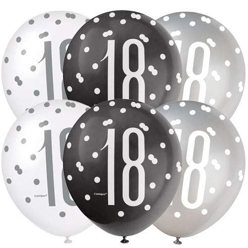 Unique Party 83383 83383-12" Latex Glitz Black & Silver 18th Birthday Balloons, Pack of 6, Black, Age 18