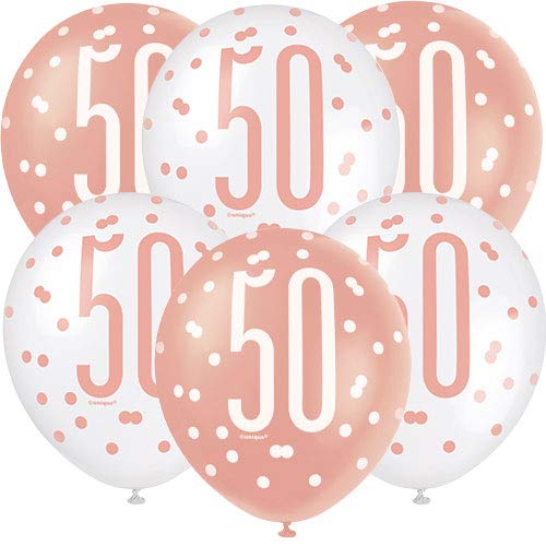 Unique Party 84919 84919-12" Latex Glitz Rose Gold 50th Birthday Balloons, Pack of 6, Age 50