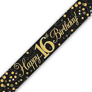 Happy 16th Birthday - 9ft Holographic Fizz Black & Gold Banner