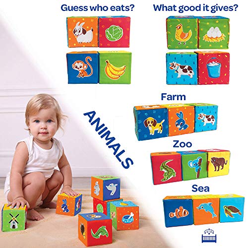 MACIK 12 Soft Blocks for kids - Farm+ZOO+Sea-baby Stacking toys baby Development toys - fine motor skills toys Soft Cubes - Soft infant toys 6m baby toys baby educational toys 12-18 months - Soft toys