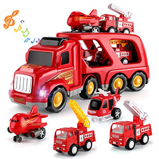 TEMI Fire Truck Engine Vehicle Toy Set, 5-in-1 Friction Power Carrier Truck, Push and Go Play Vehicles Toys w/ Extendable Emergency Fire Lifting Truck/Ladder Truck/Helicopter/Plane