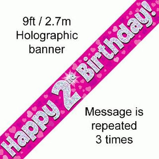 OakTree 624344" Happy 2nd Birthday Foil Holographic Banner, Pink/BPWFA-3939, 9 ft