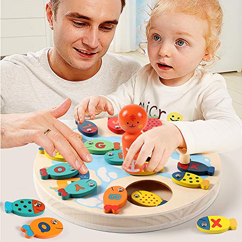 Lewo 2 In 1 Fishing Game 30 PCS Wooden Magnetic Alphabet Letter Fishing Toys for 3 4 5 Year Old Girls Boys Kids Toddles Birthday Learning Educational Toys with Magnet Poles