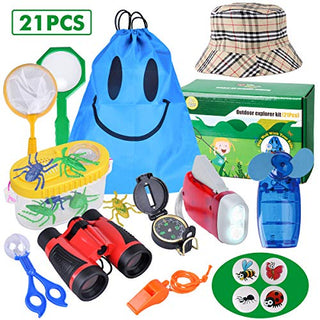 Outdoor Explorer Kit - 21 Pack Kids Bug Catcher Toys Gifts for 8+ Years Old Boys Girls Adventure Kit with Binoculars, Hat, Mini Fan, Magnifying Glass, Flashlight