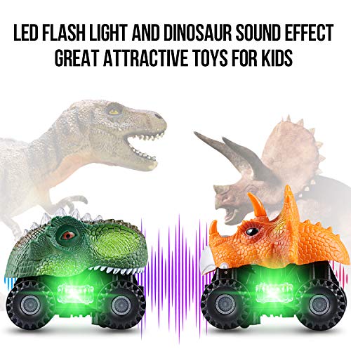Magicfun Electric Dinosaur Car Toys, 2 Pack Monster Trucks with LED Lights and Realistic Sound, Non Toxic Plastic Dino Automatic Play Vehicles, for 3-8 Year Old Kids Boys Girls