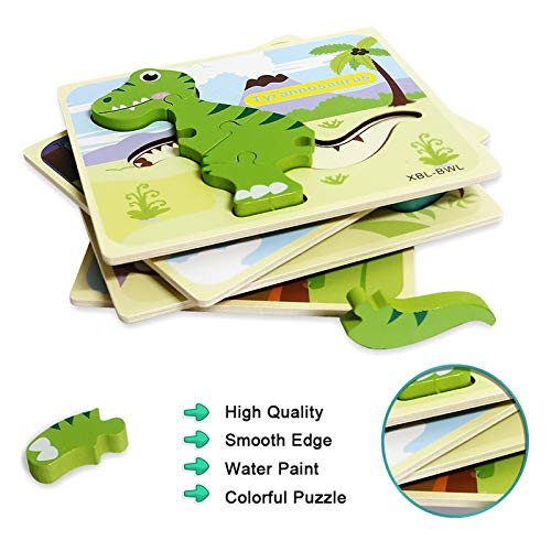IMMEK Dinosaurs Wooden Chunky Puzzles Montessori Toddler Game Set for Kids Age 1 2 3 4 5 Year Old Boys and Girls Gifts 3D Animal Wood Peg Jigsaw Toys 4Pcs with 12 Page Hand Painted Book, Multicoloured