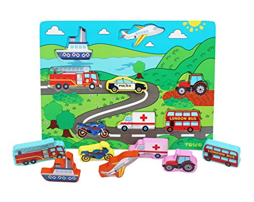 TOWO Wooden Transport puzzle board - Wooden Vehicle Peg Puzzle Inset chunky size - Wooden Toys Jigsaw Puzzle for 18 months Toddler Baby First Puzzle