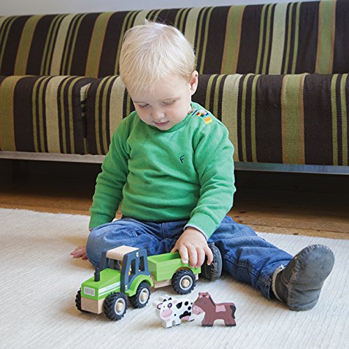 New Classic Toys 11941 Wooden Tractor with Trailer and Animals for Children 18 Months and Up Boys and Girls Baby Gifts, Green