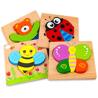 Afufu Wooden Jigsaw Puzzles for Toddlers 1 2 3 Years Old, Boys &Girls Educational Montessori Learning Toys Gift with 4 Animals Patterns, Bright Vibrant Color Shapes of Animal