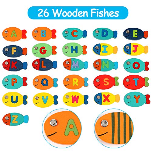 Lewo 2 In 1 Fishing Game 30 PCS Wooden Magnetic Alphabet Letter Fishing Toys for 3 4 5 Year Old Girls Boys Kids Toddles Birthday Learning Educational Toys with Magnet Poles