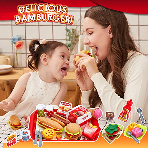 Buyger 63 PCS Play Toy Food Set for Children Hamburger Role Play Kitchen Toy 3 Year Old Girl Boy Gift