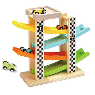TOP BRIGHT Wooden Car Ramp Toys for 1 2 Year Old Boy Gifts, First Birthday Present for One Two Year Old Car Toy，Baby Toys 12 18 Months with 4 Mini Cars