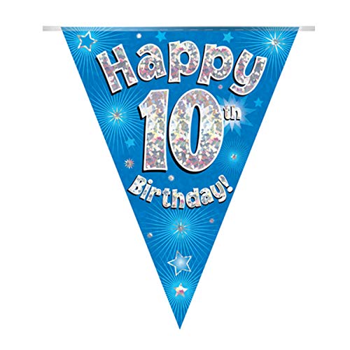OakTree Happy 10th Birthday Blue Holographic Foil Party Bunting 3.9m Long 11 Flags