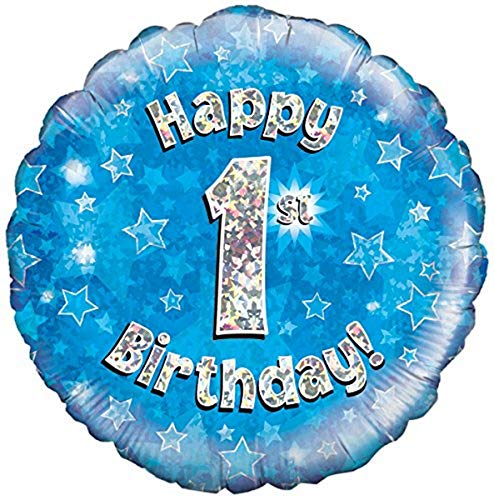 Blue Holographic 1st Birthday Balloon (packaged with self sealing valve and eurohook)