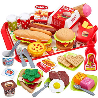 Buyger 63 PCS Play Toy Food Set for Children Hamburger Role Play Kitchen Toy 3 Year Old Girl Boy Gift