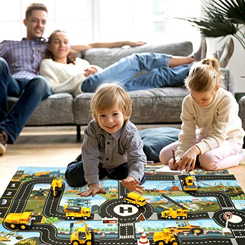aovowog Construction Vehicles Toys Set for 3 4 5 6 7 Years Old Toddlers Boys , 8 Mini Alloy Engineering Trucks Toys,22.7x32.7Inch Play Mat,Christmas Birthday Gift for Boys, Girls, Kids and Toddlers